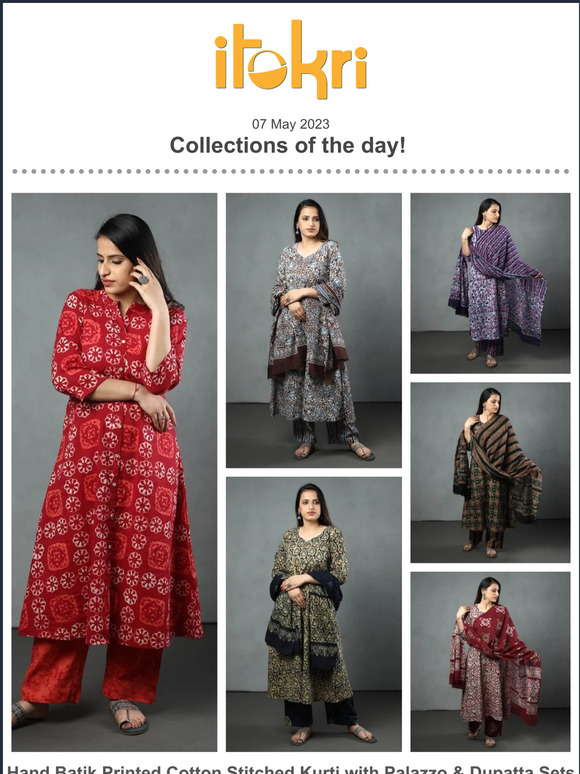 ➊ Batik Prints Kurti with Palazzo & Dupatta Sets ➋ Kasuti Embroidered Dupattas ➌ Handloom Unisex Kurta Materials ➍ Ceramic Kitchen & Decor Products