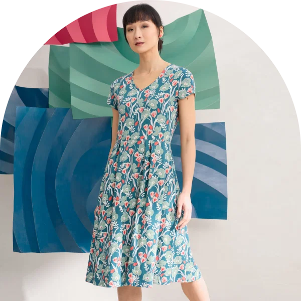 Model wearing our Pier View Dress in Poppies and Tulips print