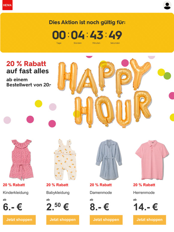 Happy Hour! 20 % Rabatt auf fast alles bis 23:59
