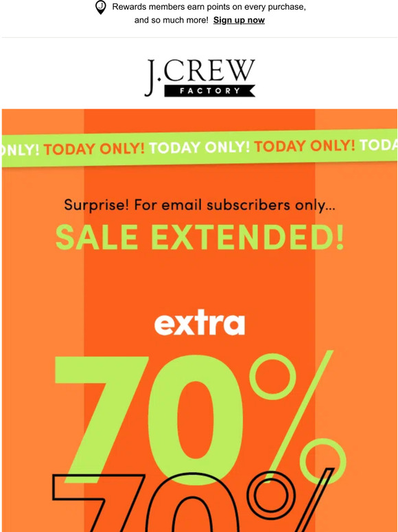 J.Crew Factory 40 off everything + extra 10 off. Time’s ticking down