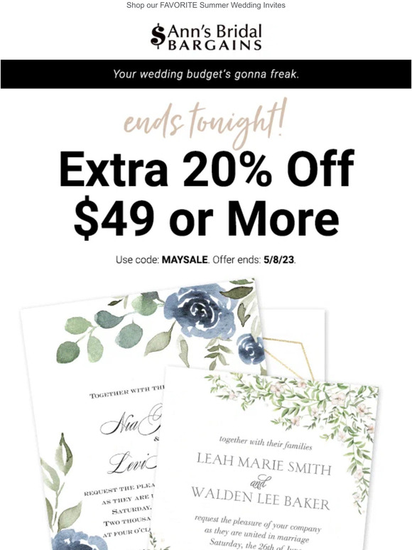 Ann's Bridal Bargains Your 20 off is Ending at Midnight Milled