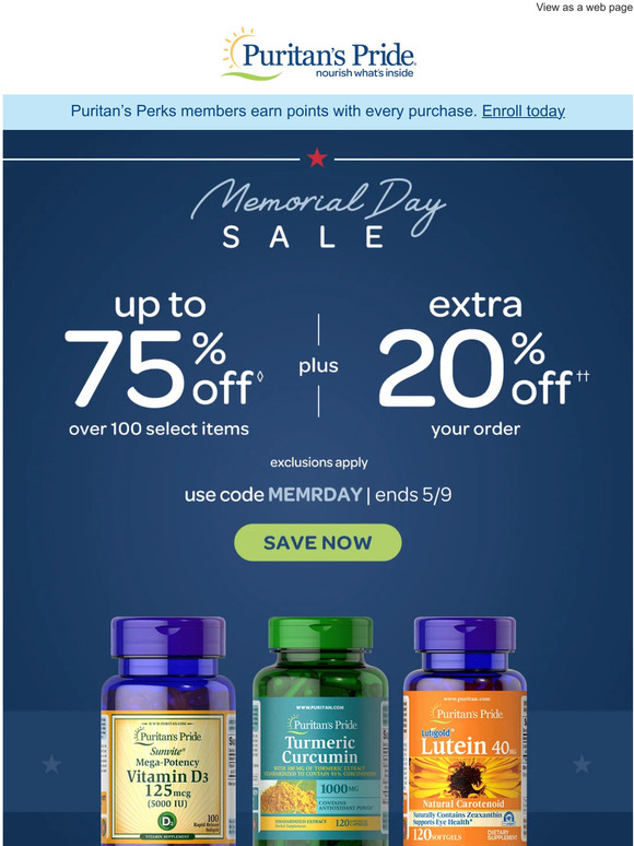 Puritan's Pride Up to 75 sale + 20 off — Early Memorial Day Milled
