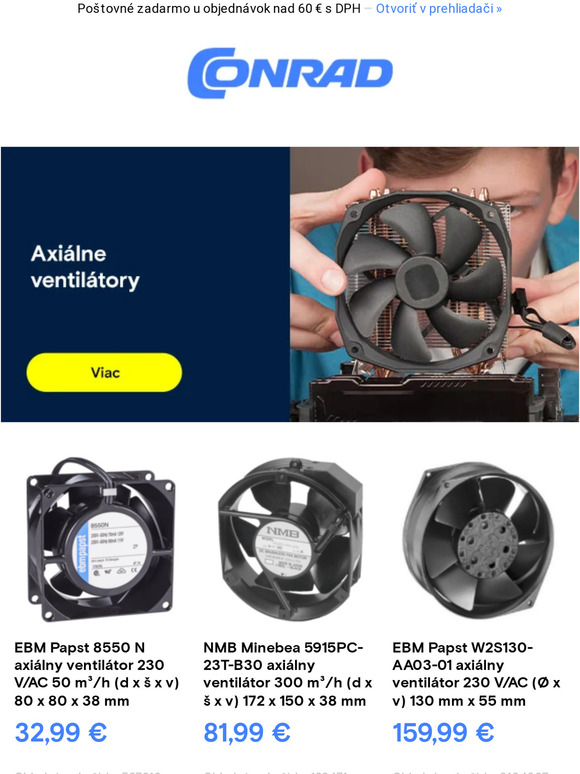 Axiálne ventilátory, relé pre DPS a páčkové spínače