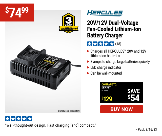 HERCULES: 20V/12V Dual Voltage, Fan Cooled Lithium-Ion Battery Charger