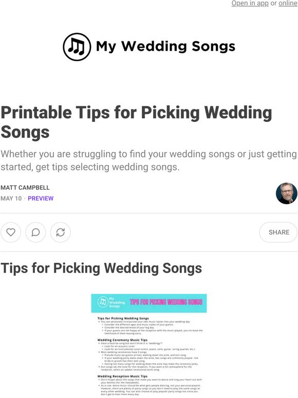 Printable Tips for Picking Wedding Songs