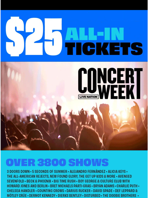 LiveNation: On Sale Now! Concert Week Is Back With $25 All-In Tickets ...