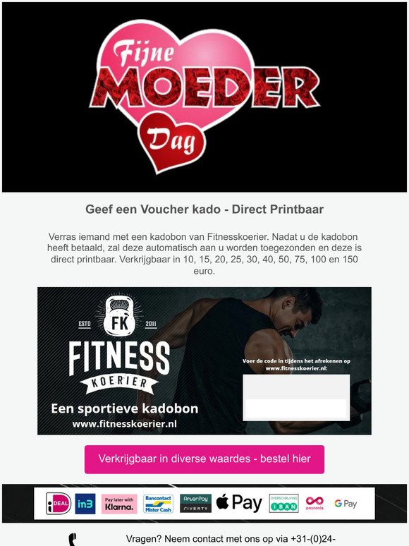 Verras de fit-mom op moederdag met een kadobon van Fitnesskoerier.nl