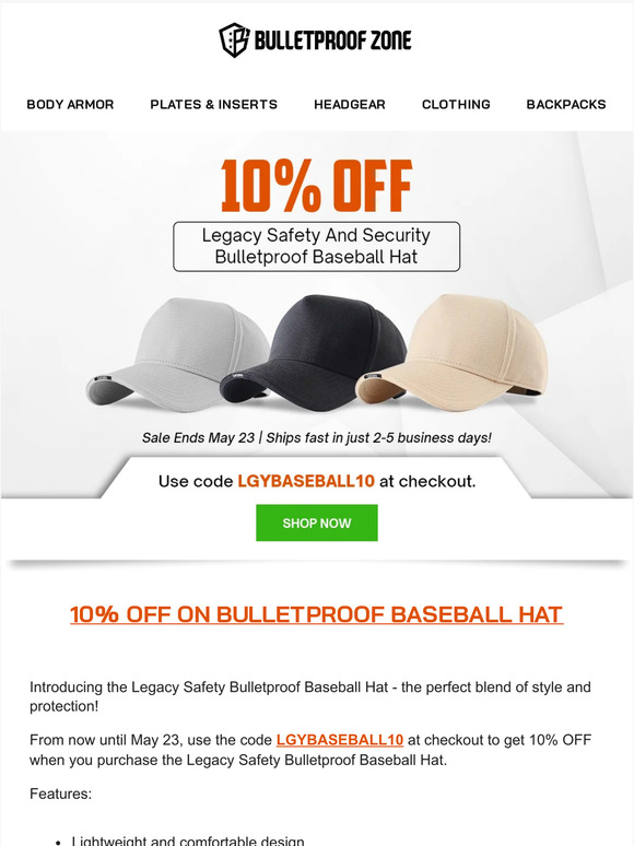 Legacy Bulletproof Baseball Hat - Level II Protection by 221B Tactical Black