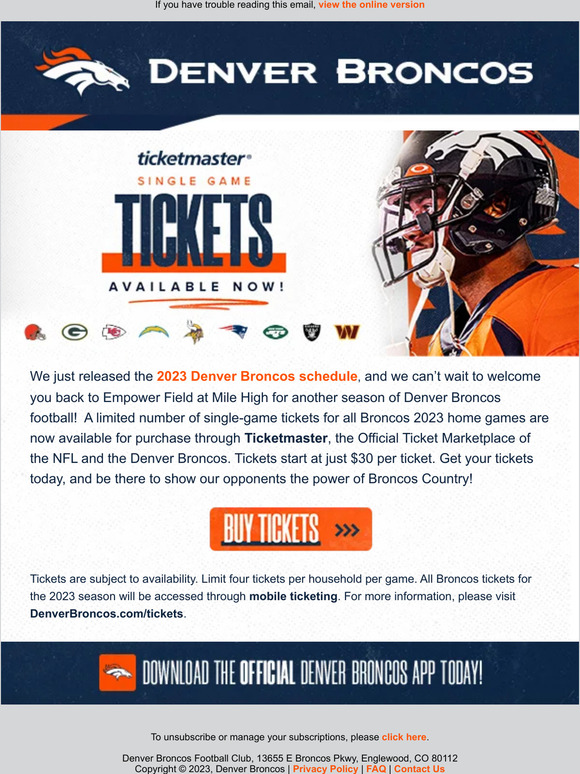 DENVER BRONCOS TICKETS: Single-game tickets on sale next week