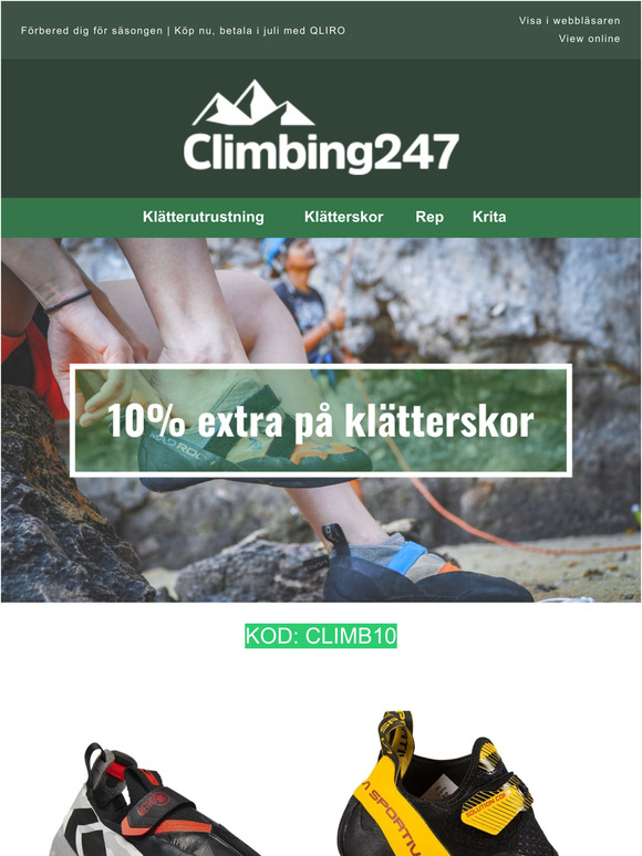 10% extra på klätterskor & klätterselar
