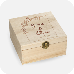 A wooden box linking to personalised wedding gifts page