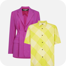 A pink jacket and yellow shirt linking to fashion page