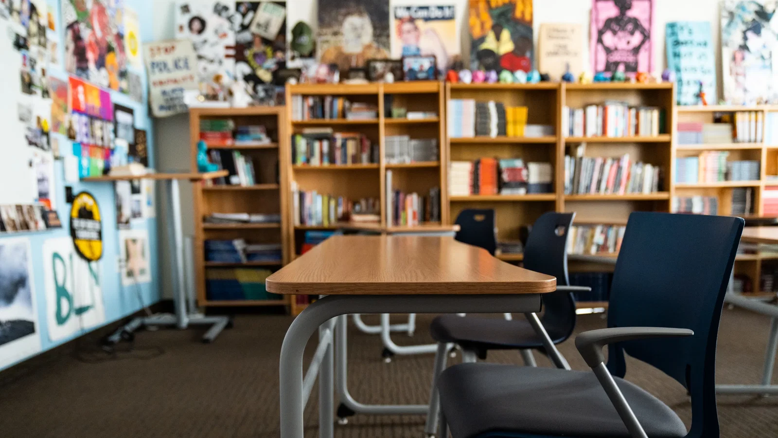 Empty desks are visible at The Nora School in Silver Spring, Md. on Tuesday, Feb. 21, 2023.