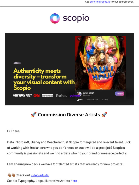 🌟 Hire Diverse Artists for video, art, photography, and more