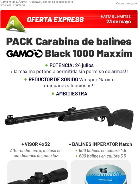 Ahorra 90 euros: PACK Carabina de Balines Gamo + Visor 4x32 + Balines + Diana Cazabalines + 100 dianas