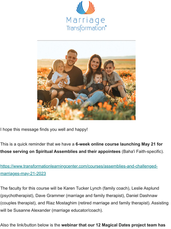 Course Starts May 21; Webinar for Couples