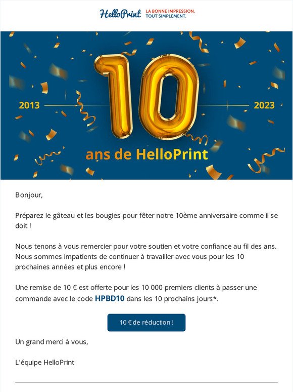 10 € de réduction pour fêter les 10 ans de HelloPrint ! 🥳