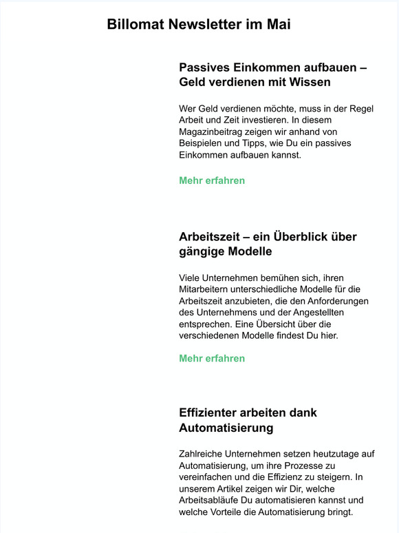 Billomat Newsletter: Passives Einkommen aufbauen, effizienter arbeiten dank Automatisierung und 10 Tipps zur Verbesserung der Liquidität von KMUs.