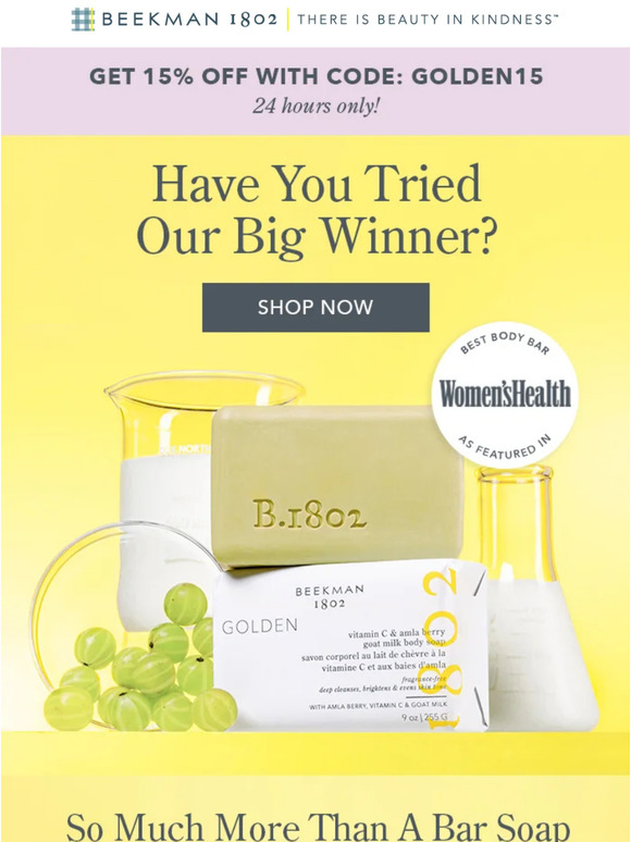 Beekman1802 We Won! Golden Bar Soap Is Women's Health Best Body Bar 🏆 Milled