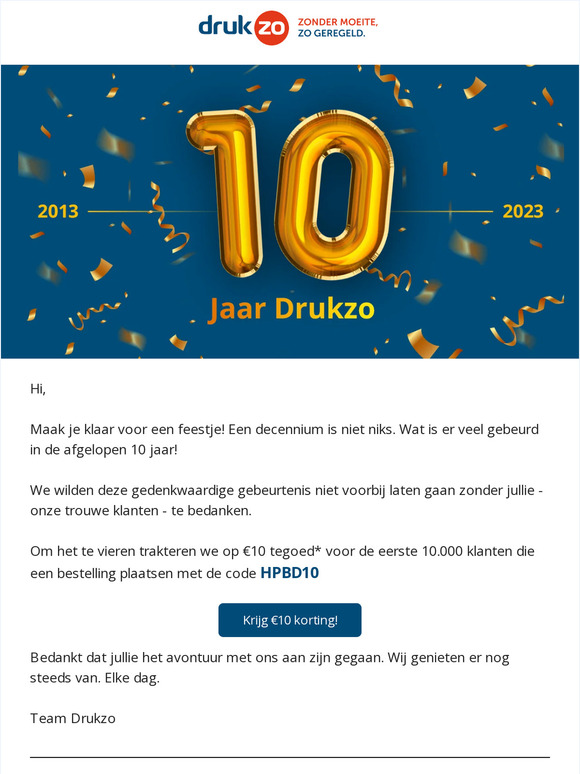 €10 korting voor 10 jaar Drukzo 🥳