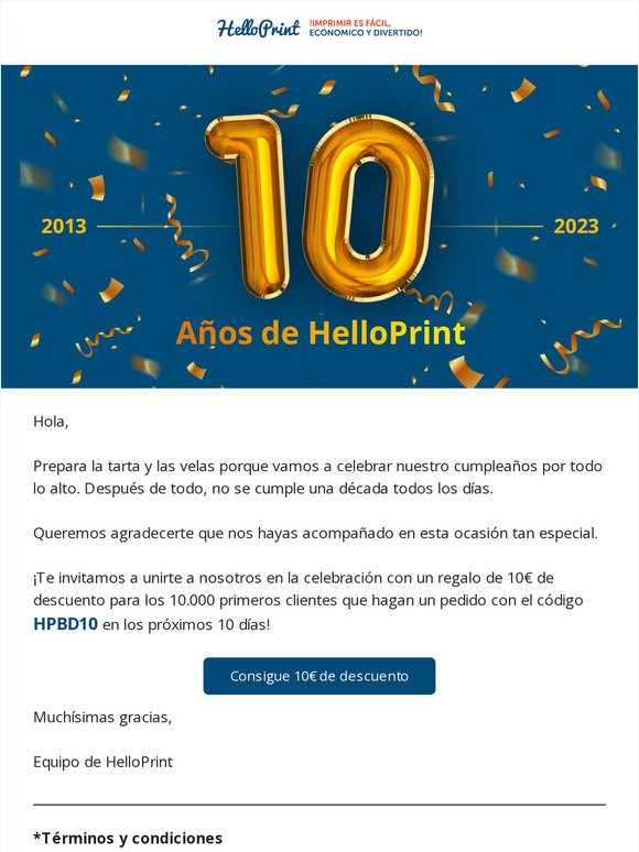 Descuento de 10€ para celebrar los 10 años de HelloPrint 🥳