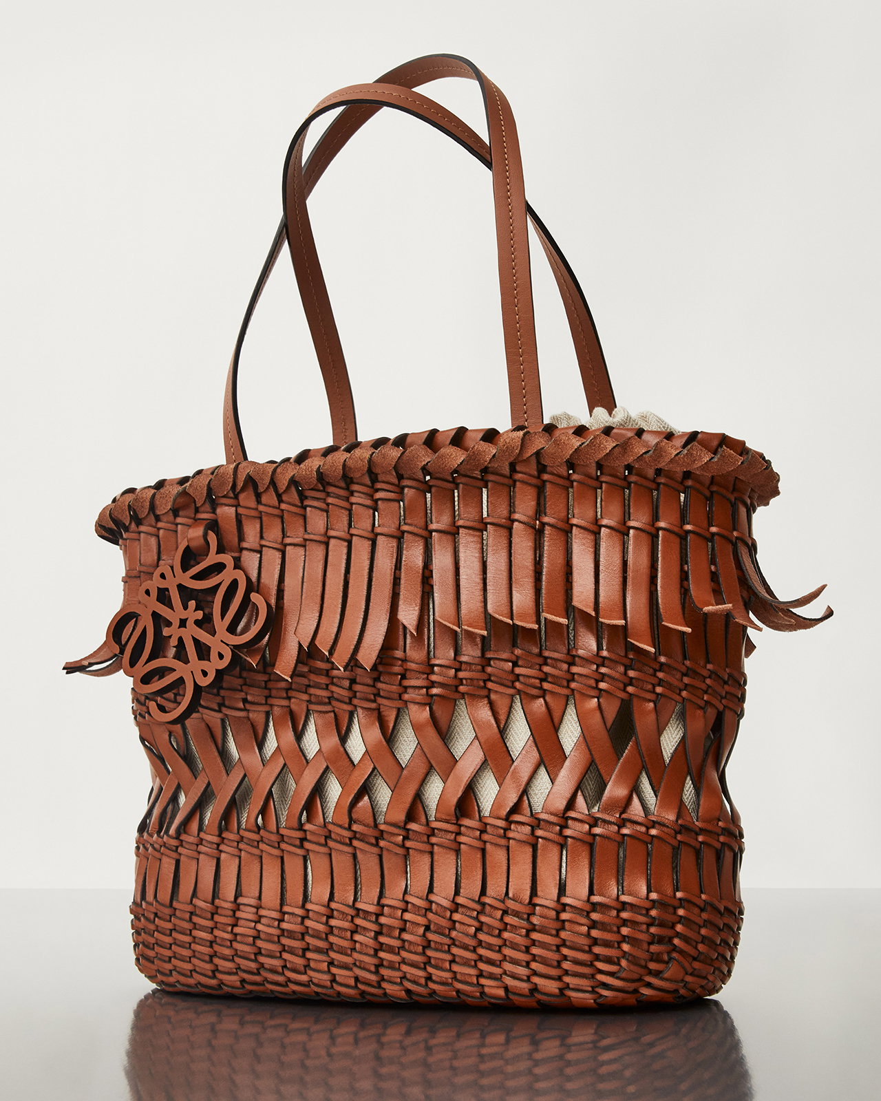 Loewe Small Square Basket bag in raffia and calfskin Nude