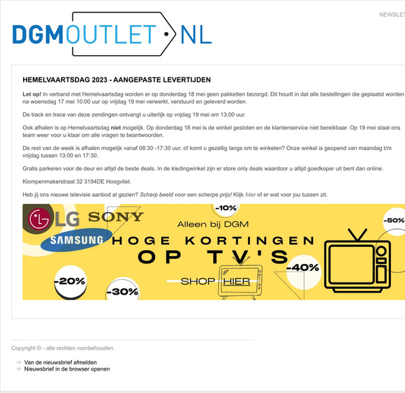 Hemelvaartsdag 2023 - aangepaste levertijden
