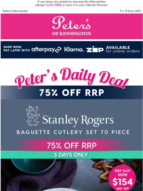 75% Off RRP - Stanley Rogers Baguette Cutlery Set 70 Piece - 3 Days Only!