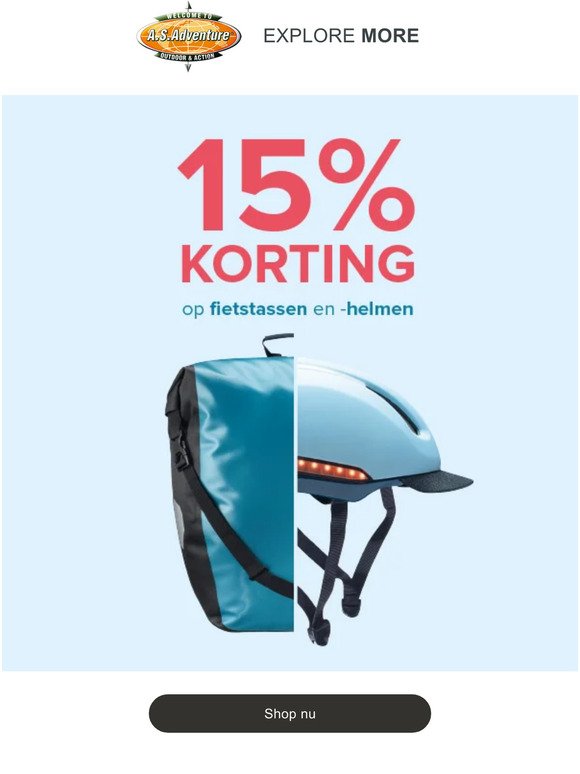 15% korting op fietshelmen en -tassen