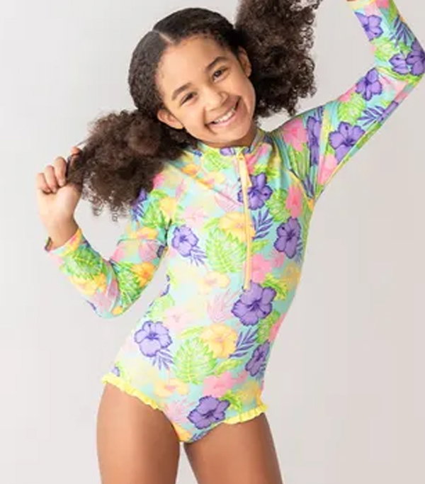 Aloha Blossoms Girls' Long Sleeve Rash Guard One Piece