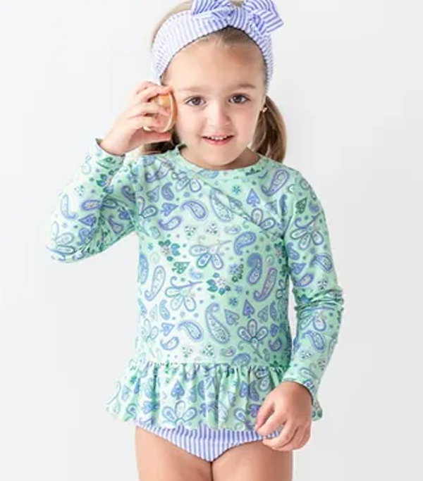 Sea Glass Paisley Scalloped Long Sleeve Rash Guard 2-Piece