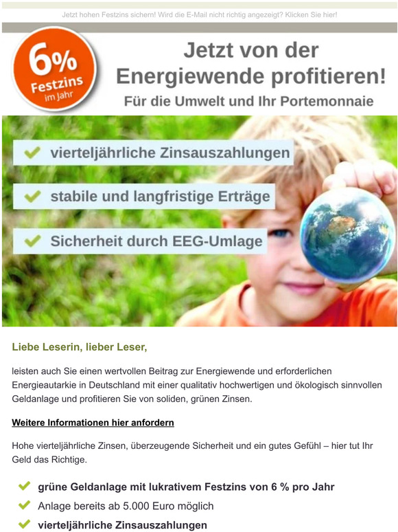 Jetzt von der Energiewende profitieren + 6 % Festzins erhalten
