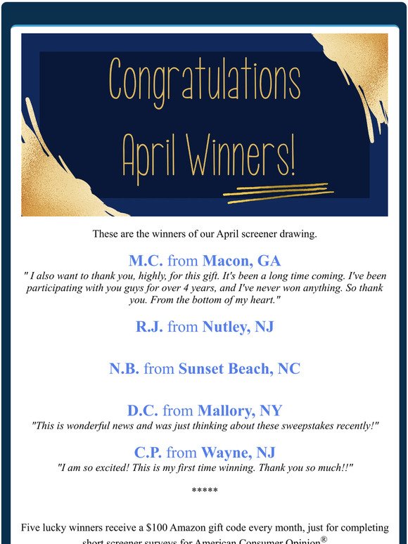 Congratulations to our April Screener Drawing Winners!