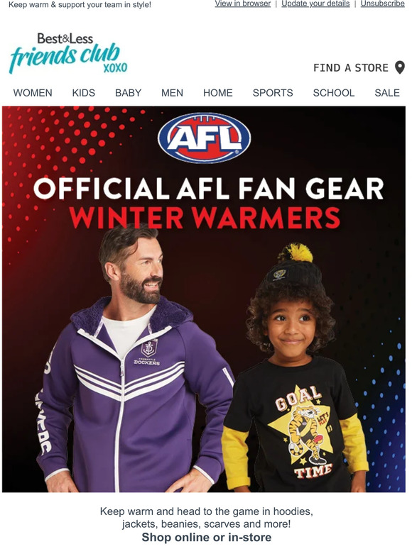 Best & Less Warm up in Official AFL Fan gear! Milled