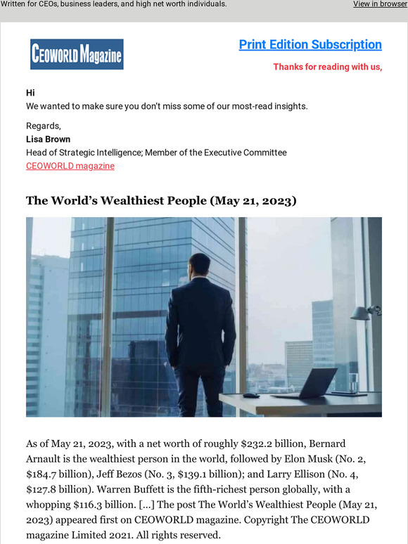 CEOWORLD Magazine: The World’s Wealthiest People (May 21, 2023) | Milled