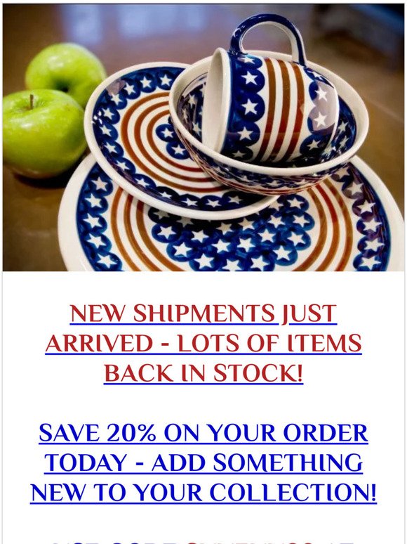 NEW SHIPMENTS JUST ARRIVED SAVE 20%  ON YOUR ORDER TODAY!