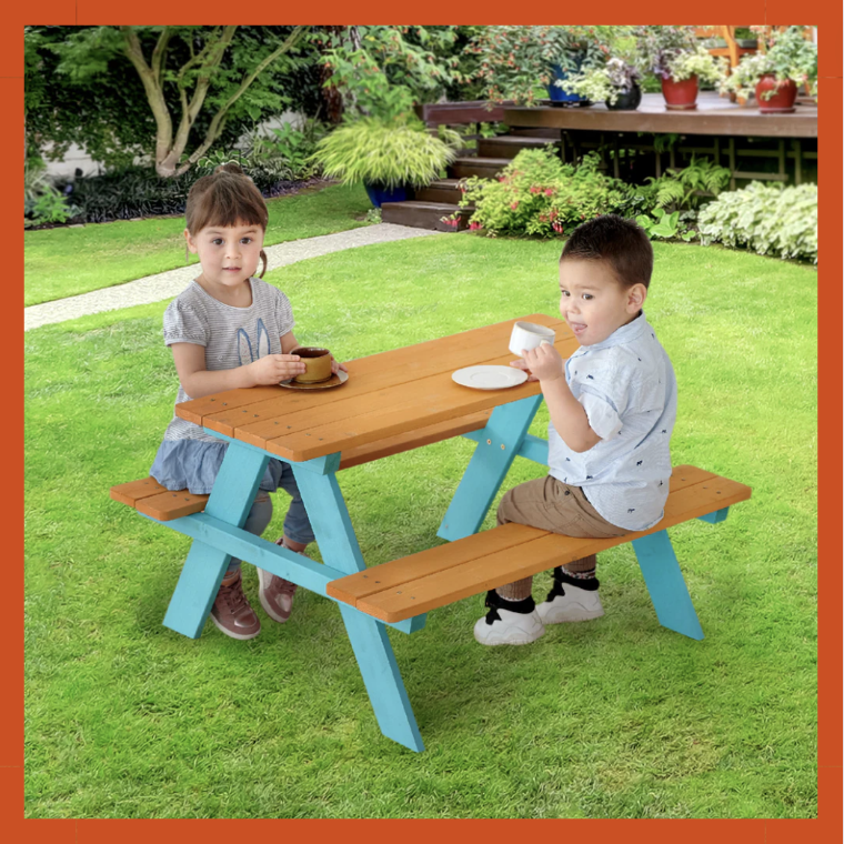 TEAMSON KIDS CHILD SIZED WOODEN OUTDOOR PICNIC TABLE, WARM HONEY/AQUA
