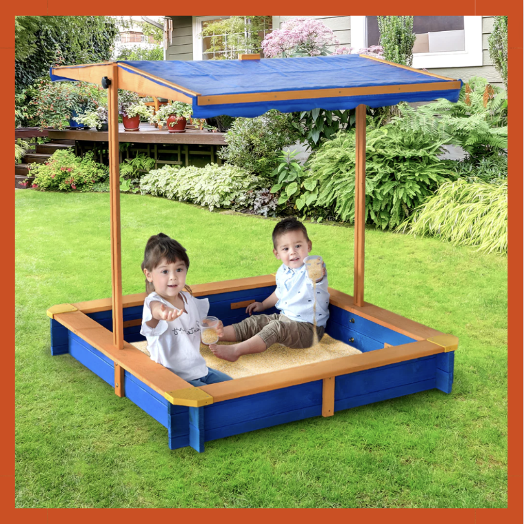 TEAMSON KIDS 4' SQUARE SOLID WOOD SANDBOX WITH ROTATABLE CANOPY COVER, HONEY/BLUE
