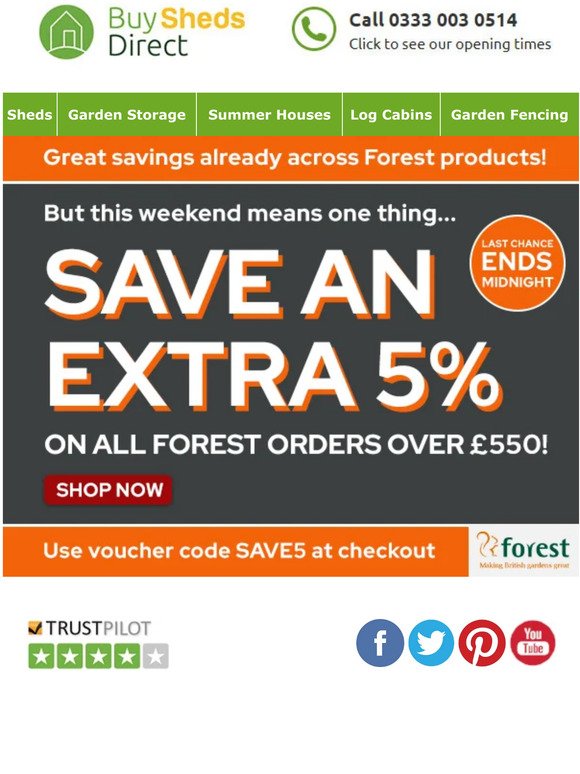 SAVE an extra 5% on ALL Forest orders over £550! Ends at Midnight