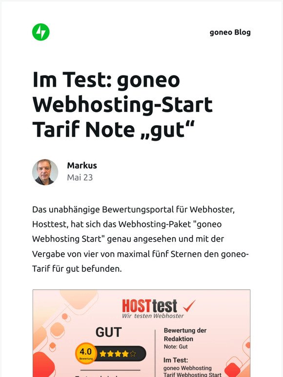 [Neuer Eintrag] Im Test: goneo Webhosting-Start Tarif Note „gut“