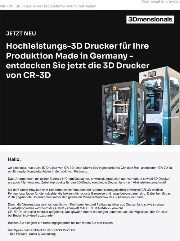 Jetzt Neu: CR-3D - Hochleistungs-3D Drucker Made in Germany
