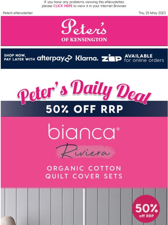 50% Off RRP - Bianca Riviera Organic Cotton Quilt Cover Sets