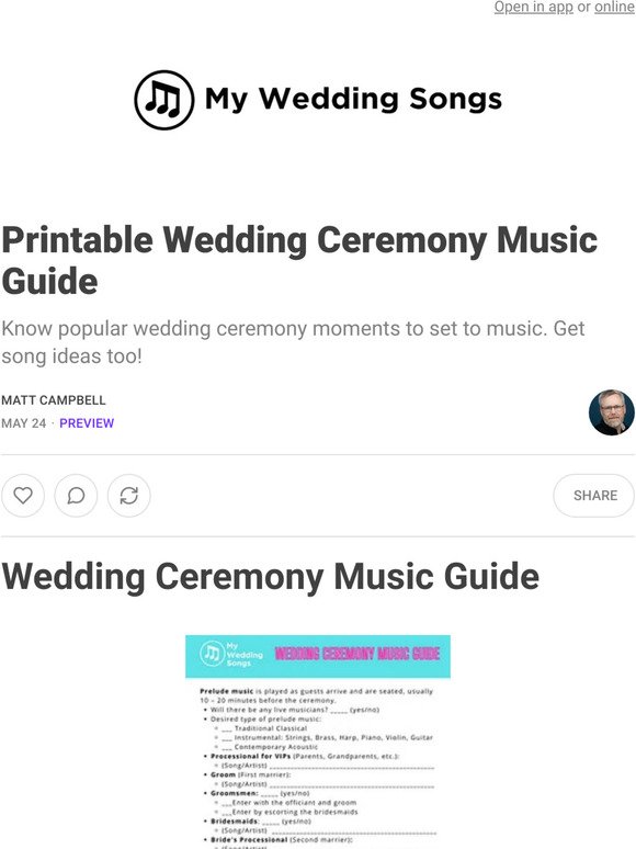 Printable Wedding Ceremony Music Guide
