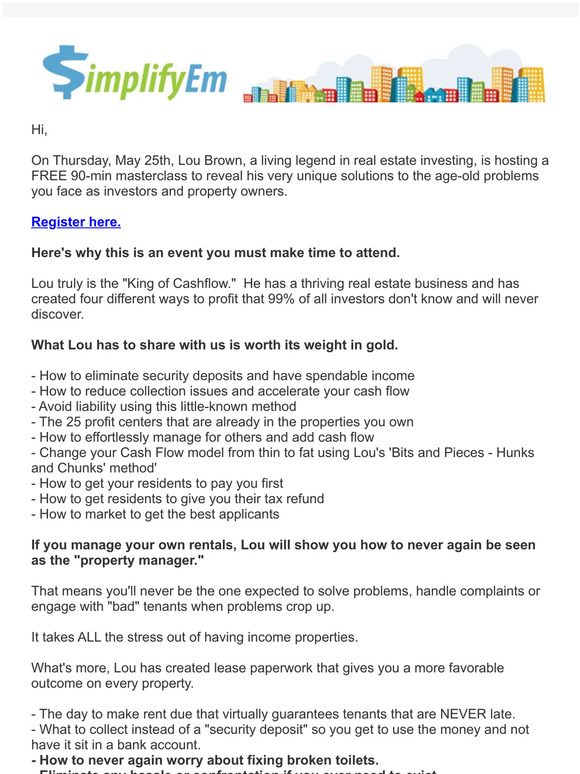 Joint Webinar: SimplifyEm & Lou Brown on Thursday 5/25 - 25 new real estate profit centers revealed