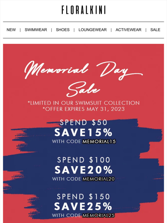 Memorial Day Sale is on! Save up to 25% Off On All Swimsuits-this is big.