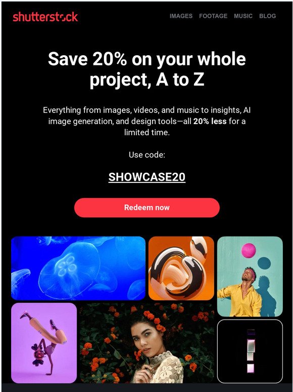 Get 20% off content, editing tools, AI image generation—the works!