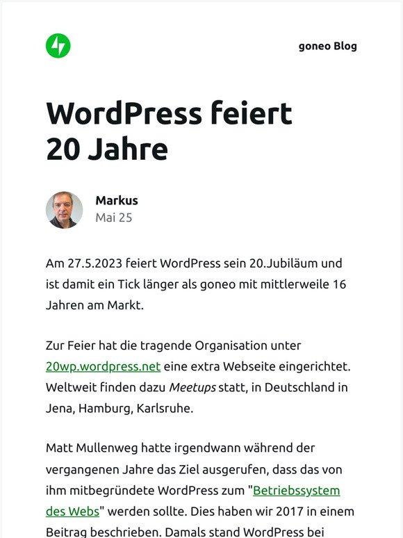[Neuer Eintrag] WordPress feiert 20 Jahre