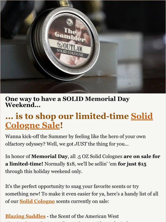 🇺🇸 MEMORIAL DAY SALE! Get Outlaw Solid Colognes at a discounted price!