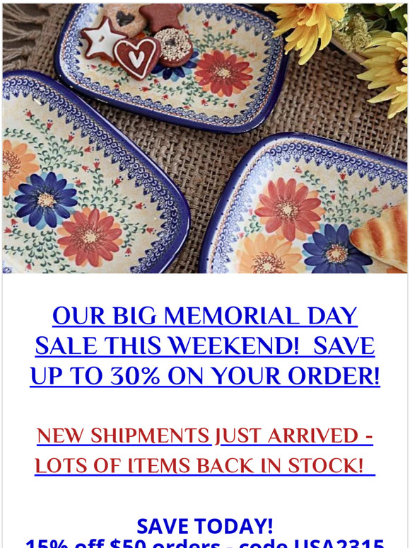 BIG MEMORIAL DAY SALE!  SAVE UP TO 30% ON YOUR ORDER THIS WEEKEND!