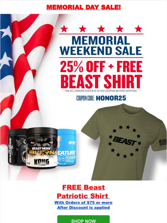 🔥Memorial Day Giveaway:  FREE Beast Patriot Shirt